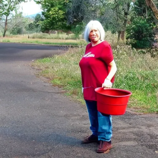 Prompt: a middle aged woman, long grey hair, red shirt, carrying a bucket.