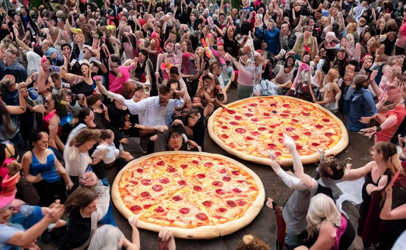 Image similar to a crowd of people dancing in a party around a giant pizza,