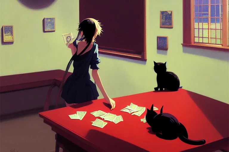 Prompt: anime key visual of anime cat girl losing all of her money on the stock market, panic red charts, line on big monitor screen going down, style of jamie wyeth james gilleard edward hopper greg rutkowski acrylic painting, preserved museum piece, historical