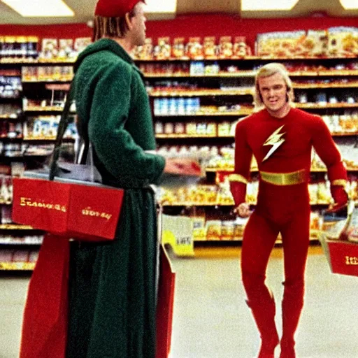 Image similar to film still of Flash Gordon shopping for groceries