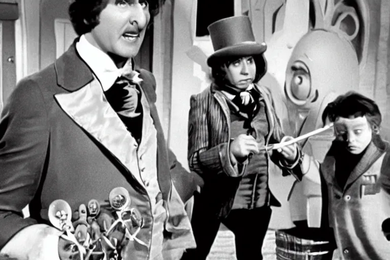 Prompt: Film still of Stephen Fly as Willy Wonka in Willy Wonka and the Chocolate Factory 1971