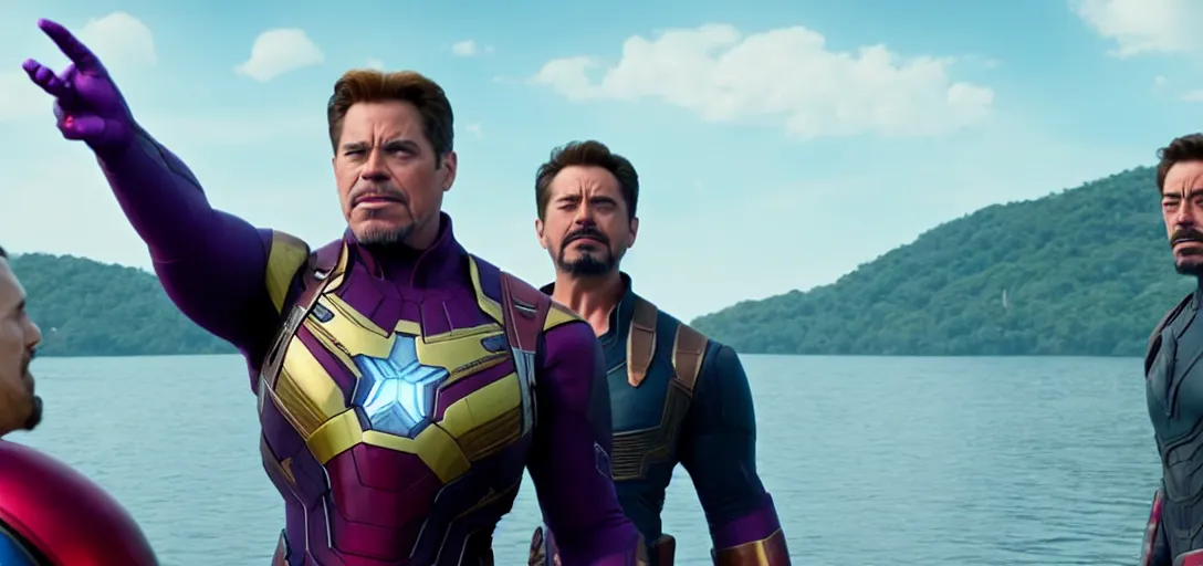 Image similar to a very high resolution image from a new movie. thanos waving at tony stark while capitan america watches on a lake, photorealistic, photography, directed by wes anderson