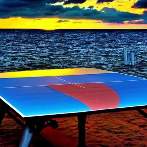 Prompt: Table Tennis bat on a table in front of a sunset at the seaside