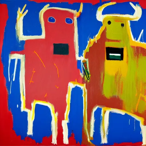 Prompt: bull and bear fighting, oil on canvas, basquiat style