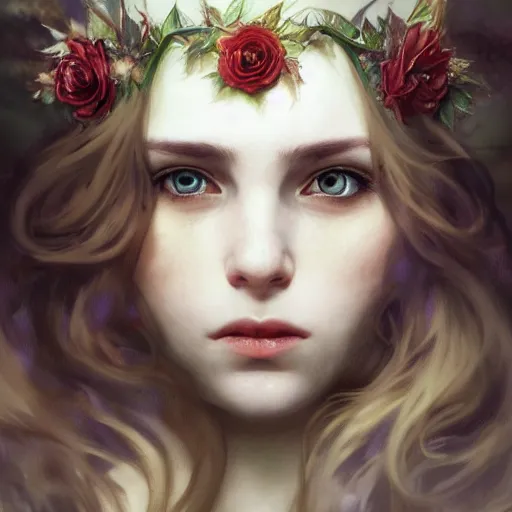 Image similar to portrait of beautiful vampire, flower crown, thorn everywhere, headshot, pale skin, 4k, rule of thirds, extreme detail, detailed drawing, trending artstation, hd, fantasy, D&D, realistic lighting, by Alphonse Mucha, Greg Rutkowski, sharp focus, backlit