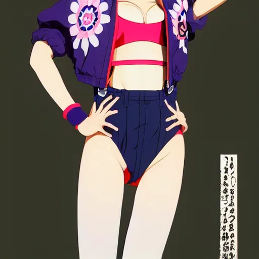 Image similar to a beautiful japanese natalie portman gravure model, wearing oversized native designer bomber jacket and leotard with overalls, bulky poofy bomber jacket with mesoamerican patterns, mesoamerican native street fashion, gapmoe yandere grimdark, trending on pixiv fanbox, painted by greg rutkowski makoto shinkai takashi takeuchi studio ghibli, akihiko yoshida