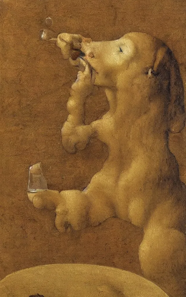 Prompt: a painting by Leonardo De Vinci of a dog drinking tea