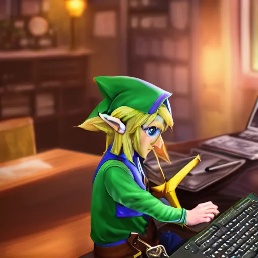 Prompt: Link from Zelda, sitting at a desk programming on a computer, close-up shot, cozy, elegant, realistic character concept, indoor lighting, hyperdetailed, high resolution, insanely detailed and intricate, Yusuke Nakano