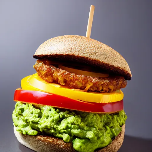 Image similar to juicy vegan hamburger topped with guacamole, fried onion and a vegan fried egg, crispy buns, 8 k resolution, professional food photography, studio lighting, sharp focus, hyper - detailed