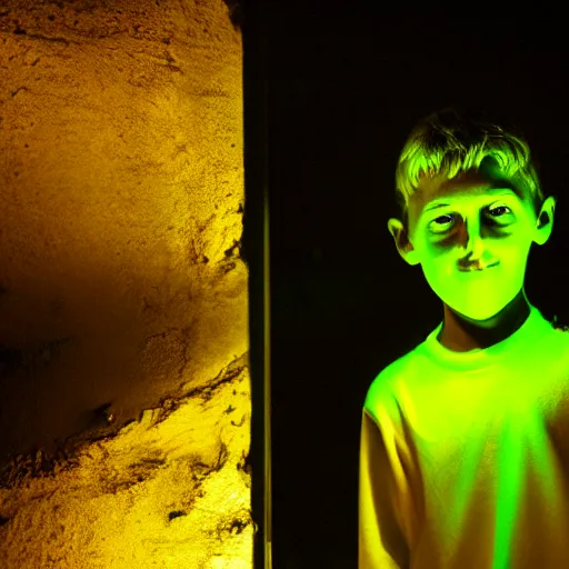 Image similar to a young boy with face lit by green glow at midnight, atmospheric epic award winning photo with volumetric cinematic lighting