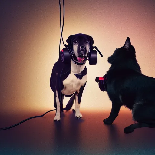 Image similar to a photograph of a dog and a cat wearing headphones in a light room, serene, happy, 8 k resolution, bokeh