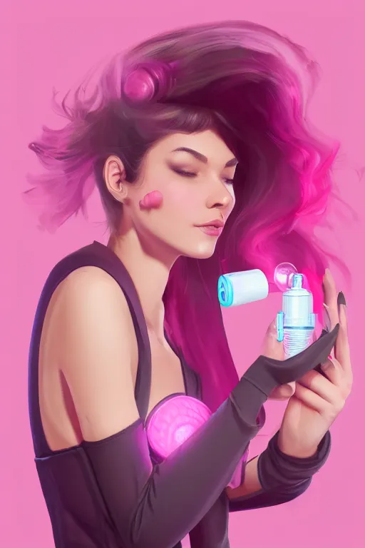 Prompt: Beautiful, Cute Woman Breathing Through a Handheld Pink Vapor Inhaler Machine, side view, fantasy, magic, ultra detailed, digital art, trending on artstation, illustration