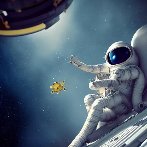 Image similar to a monkey astronaut repairing a satellite in space, hyperrealistic, cinema 4 d, cinematic, artstation