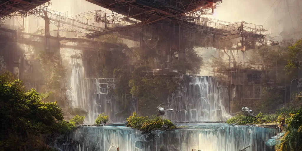 Image similar to beautiful pool waterfalls surrounded by alien robots, steel archways, industrial buildings, rusty metal towers, sun setting, ross tran, fantasy, james jean, peter morbacher, angelarium, alchemy, luxury, heavenly light, soft illumination, trending on artstation, cinematic lighting, digital painting, octane render, artgerm