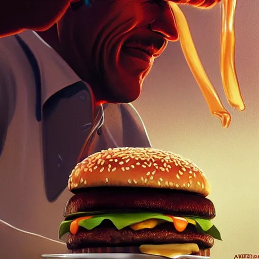 Prompt: Robert Redford eating a mcdonald's big mac hamburger, dripping BBQ Sauce, serving burgers, intricate, elegant, highly detailed, digital painting, artstation, concept art, matte, sharp focus, hyperreal, art by Artgerm and Greg Rutkowski and Alphonse Mucha