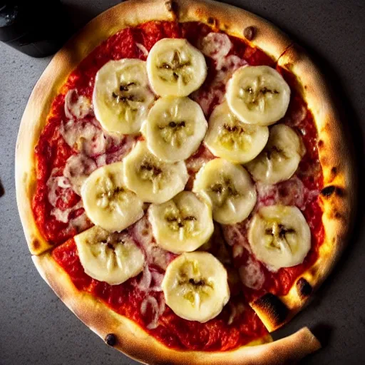 Prompt: a photo a pizza with a whole unpeeled banana on top of it, food photo, professional food photo, iphone, 4 k