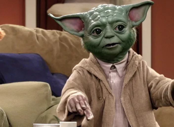 Image similar to a film still of a dog yoda in sitcom big bang theory