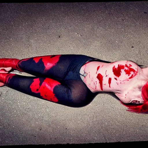 Prompt: a criminal photography taken of a dead harley quinn from suicide squad laying on the ground, blood is pooling under her, at night, super realistic.