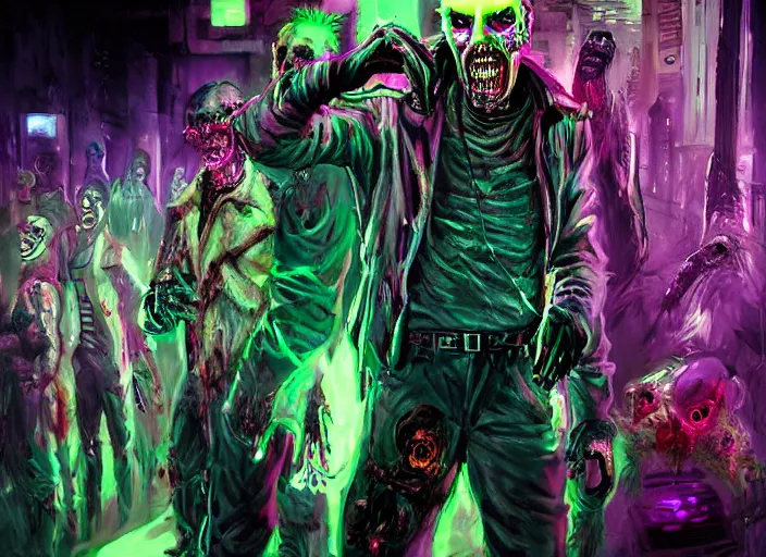 Image similar to neo-futuristic cyberpunk undead zombie men at a neon rave, by kelley jones, cyberhorror-punk, stunning, horror art, dark tones, #film, cgsociety, scary, creepy, wow, artstation, 8k, high gloss::Horror, ultra detailed, character art, concept art, DnD art, cinematic detailed, nightmare machine, godmachine, trending on artstation, unreal engine 5 rendering, cinematic, greig fraser cinematography, epic composition