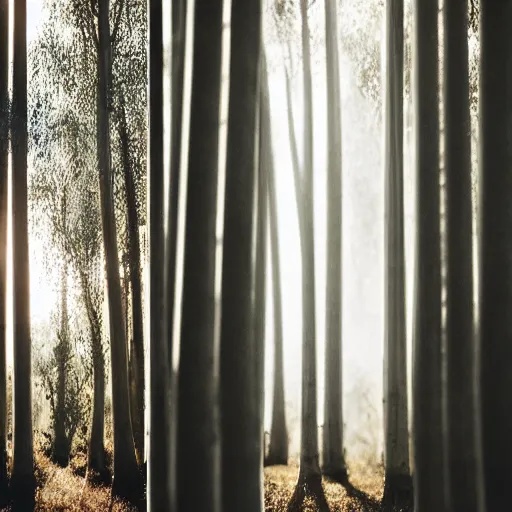 Image similar to long exposure photograph of eucalyptus trees, strong wind, back light, dslr, photographed by uta barth