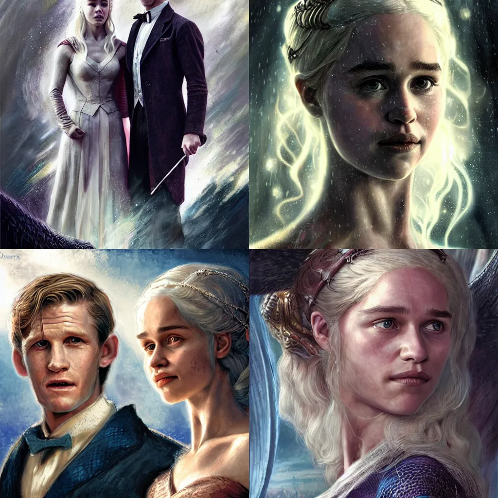 Prompt: daenerys targaryen with matt smith as the eleventh doctor in hogwarts, highly detailed, sharp focus, digital art, defined facial features, symmetrical facial features, art by gaston bussiere and greg rutkowski