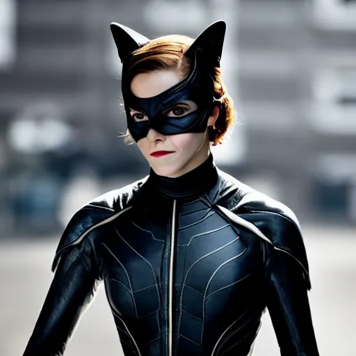 Image similar to Emma Watson as Catwoman, Fujifilm X-T3, 1/1250s at f/2.8, ISO 160, 84mm, 8K, RAW, symmetrical balance, Dolby Vision, HDR, Gigapixel