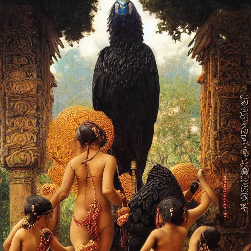 Prompt: sri lankan womans sacrifising thier children to giant crow, crow worshipping cult, painting by gaston bussiere, craig mullins, j. c. leyendecker, lights, art by ernst haeckel, john william godward, hammershøi,,