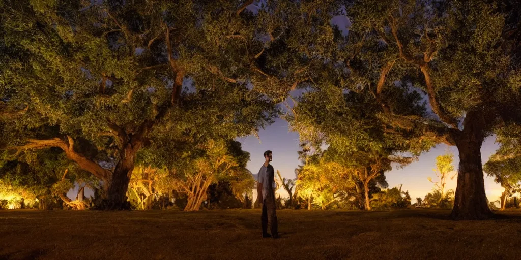 Prompt: Medium shot of a tall muscular man in a tunic looking at a large tree with bright, light fruit, night, cinematic lighting, 8k, high depth of field, detailed, hyperrealistic, very realistic