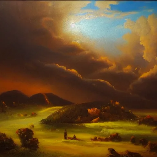 Image similar to a beutiful oil painting of a landscape, dramatic lighting, clouds in the sky, mountains