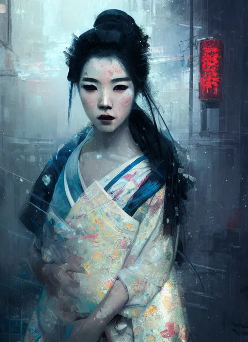 Image similar to female geisha girl, beautiful face, neon, rule of thirds, intricate outfit, spotlight, by greg rutkowski, by jeremy mann, digital painting