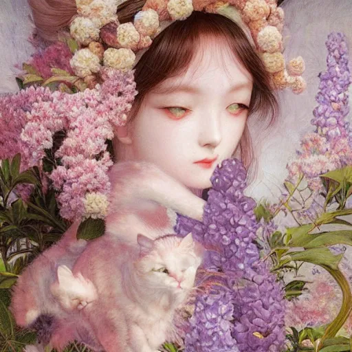 Prompt: white cat girl, botanical, lilac, portrait face, colorful, frantisek kupka, intricate, miles johnston, kuroda seiki, cynical realism, ozabu, john william godward, painterly, yoshitaka amano, moebius, miles johnston, louise zhang, james jean, mark ryden lowbrow pop surrealism art style