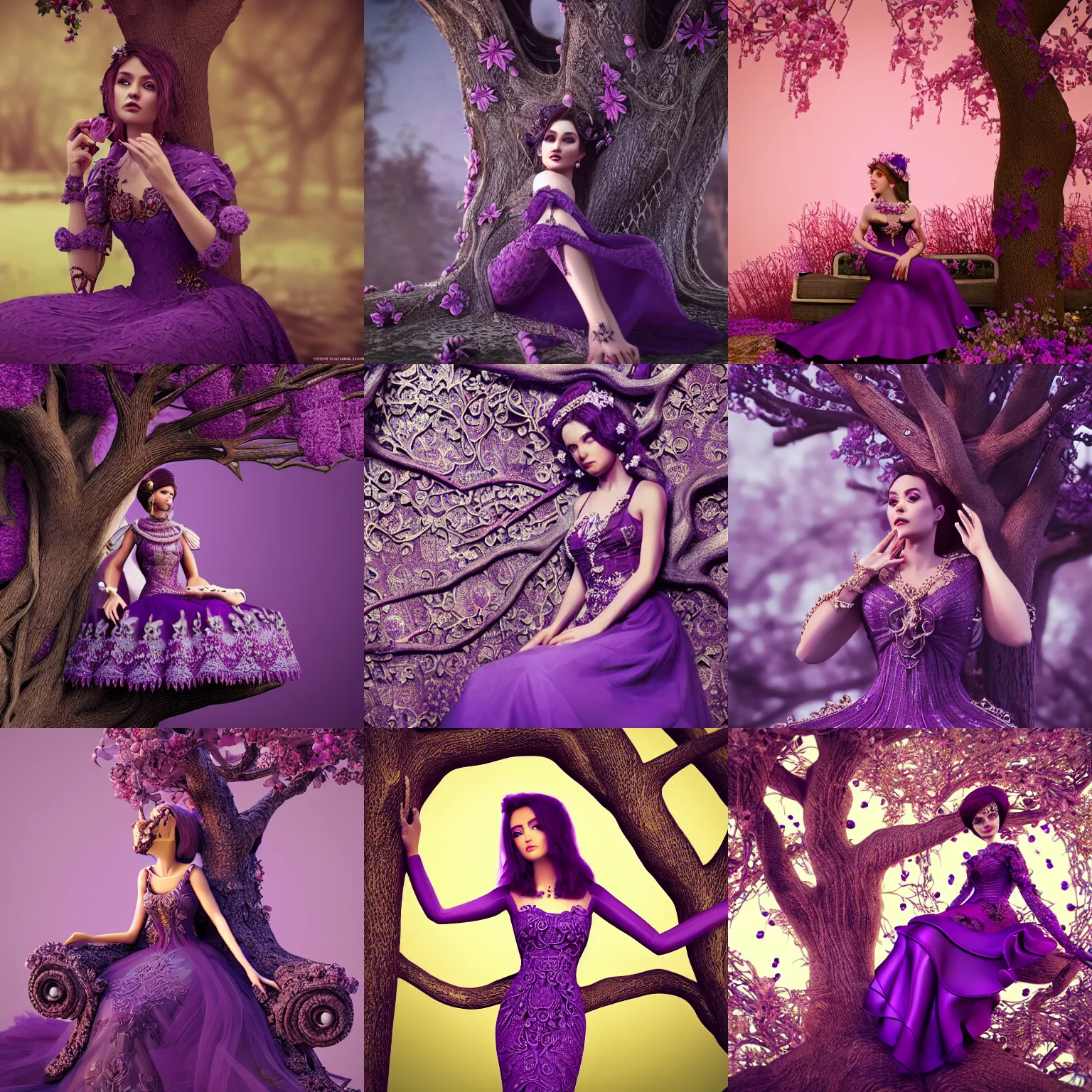 Prompt: pretty lady wearing an ornate purple dress sitting in a tree, beautiful, detailed, intricate, insanely, detailed, octane render
