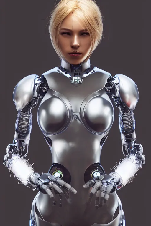 Image similar to a beautiful woman with blonde hair wearing robot suit with wires and light, highly detailed, photorealistic, artstation, smooth