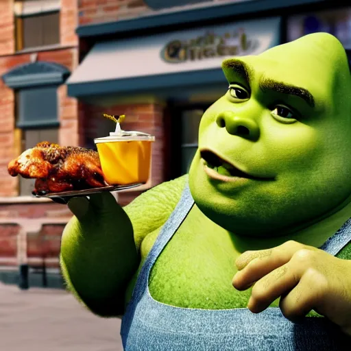 Prompt: fat shrek eating chicken wings outside of mcdonald ’ s in real life, realistic, detailed, 8 k, 4 k uhd, hyper realistic, great detail