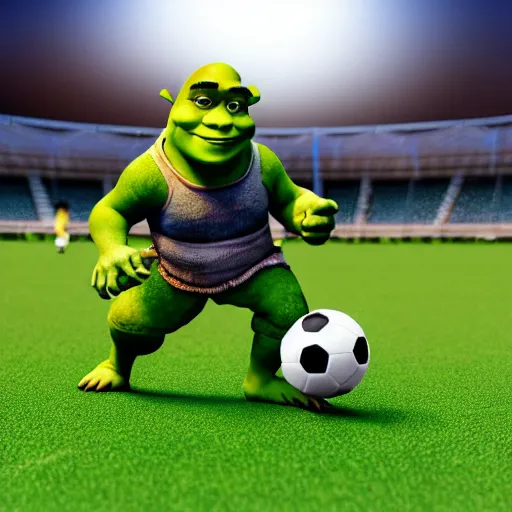 Image similar to shrek playing soccer, highly detailed, extremely high quality, hd, 4 k, 8 k, canon 3 0 0 mm, professional photographer, 4 0 mp, lifelike, top - rated, award winning, realistic, detailed lighting, detailed shadows, sharp, no blur, edited, corrected, trending