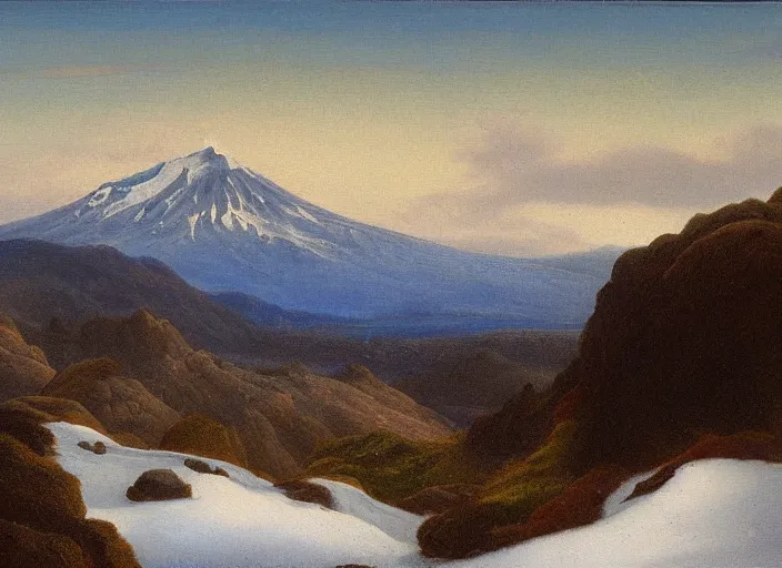 Prompt: mt. ruapehu, new zealand in the style of hudson river school of art, oil on canvas