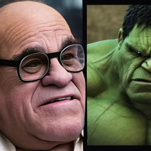 Image similar to Danny DeVito cast as The Hulk, still from marvel movie, hyperrealistic, 8k, Octane Render,