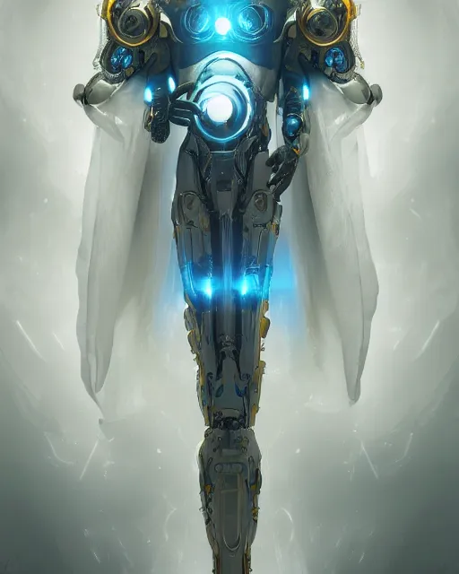 Image similar to benevolent cyborg necromancer, scifi, futuristic, elegant cape, helpful, kind, intelligent, alien room background, white, blue, gold, highly detailed, trending on artstation, soft light, holy machine, advanced technology, art by vitaly bulgarov and nivanh chanthara