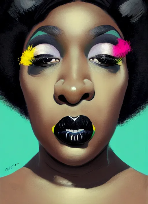 Prompt: portrait of a plump black woman with a crooked nose and a confident expression, 1 9 6 0 s, black clothes, goth, punk, brightly coloured hair, funk, intricate, elegant, highly detailed, digital painting, artstation, concept art, smooth, sharp focus, illustration, art by wlop, mars ravelo and greg rutkowski