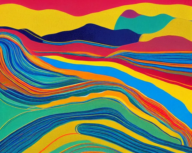 Image similar to A wild, insane, modernist landscape painting. Wild energy patterns rippling in all directions. Curves, organic, zig-zags. Saturated color. Mountains. Clouds. Rushing water. Wayne Thiebaud. David Hockney.