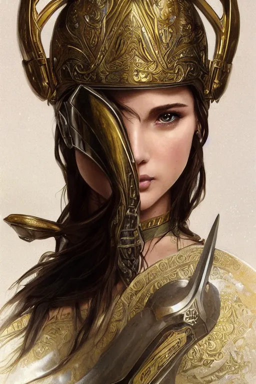 Image similar to attractive young female warrior, ornate metallic helmet, battle armor, olive skin, long dark hair, beautiful bone structure, beautiful face, goddess-like, intricate, elegant, highly detailed, digital painting, artstation, concept art, smooth, sharp focus, illustration, art by artgerm and greg rutkowski and alphonse mucha