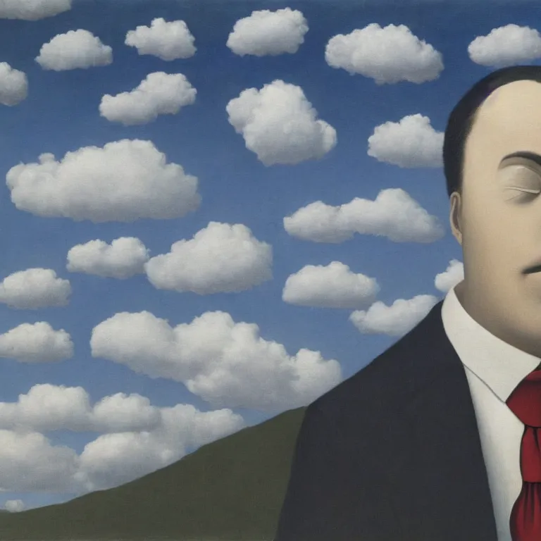 Image similar to portrait of a faceless shadow - head man in a suit, clouds in the background, by rene magritte, detailed painting, distance, middle centered, hd, hq, high resolution, high detail, 4 k, 8 k