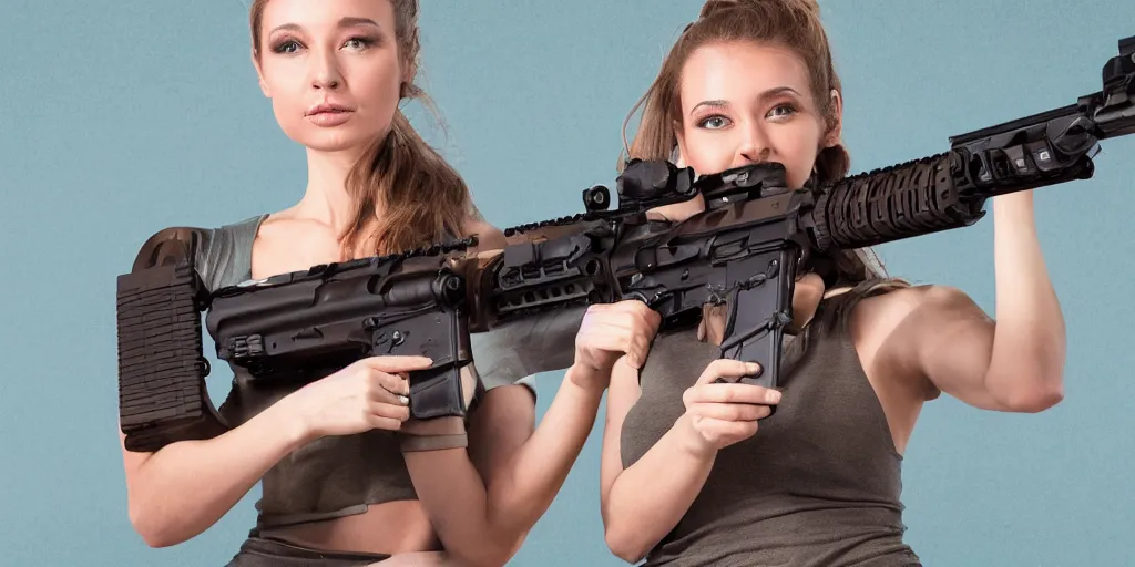 Prompt: hyperrealistic photo of a hot girl holding an ar - 1 5 8 k