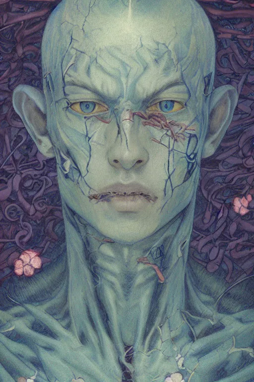 Image similar to portrait of beautiful young man, warhammer, japanic style, cyberpunk, a lot of scars, more and more flowers, blue head, the middle ages, highly detailed, artstation, illustration, art by jean delville, 8 k quality