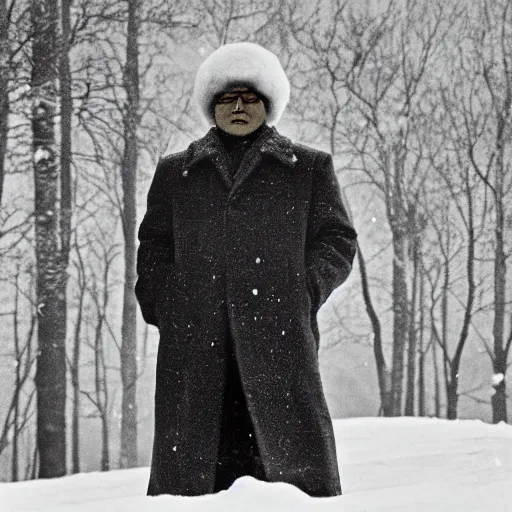 Image similar to filmstill of Kim Jong-il wearing a furry chapka and playing the role of Omar Sharif in Doctor Zhivago by David Lean, man in grey winter coat, cold Russian winter, snow and trees, Prussian architecture, old Russian interior, Doctor Zhivago movie shot, minimal composition, 1965, cinemascope, Eastman Color Negative 50T 5251 Neg. Film, epic romance