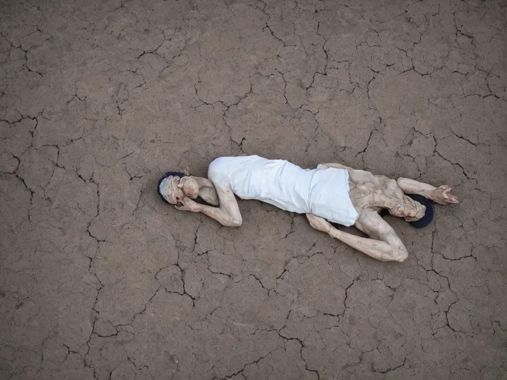 Prompt: man made of grey clay lying on floorboards