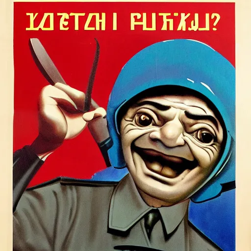 Prompt: Soviet propaganda poster about Mr Bean