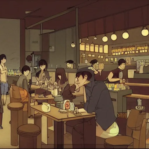 Image similar to a singaporean coffeeshop, by satoshi kon