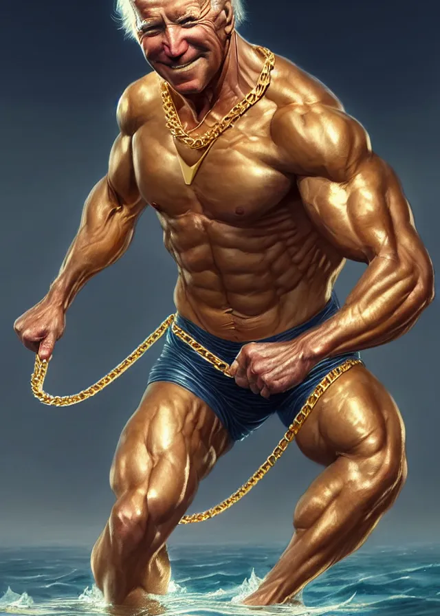 Image similar to super muscular joe biden wearing cycling shorts and gold chains walking on water, elegant, real life skin, intricate, high detailed, artstation, concept art, smooth, sharp focus, art by artgerm and greg rutkowski