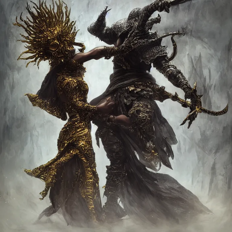 Image similar to dance of black man and a female devil, Dark Souls 3 themed, in style of Ruan Jia, insanely detailed and intricate, golden ratio, elegant, ornate, luxury, elite, matte painting, cinematic, cgsociety, James jean, Brian froud, ross tran, Laputa